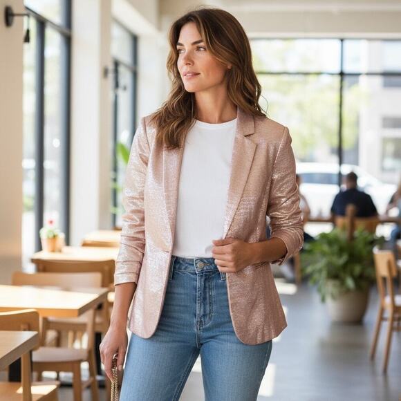 Chico’s Jackets & Blazers - NWT Chico’s Glimmering Blazer Womens Blush Pink Metallic Sheen Jacket Sz 2 (12)